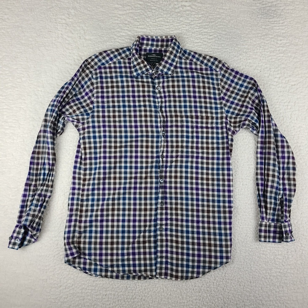 Rodd Gunn Flannel Shirt Mens Large Blue Purple Plaid Sports Fit Dress Button Up